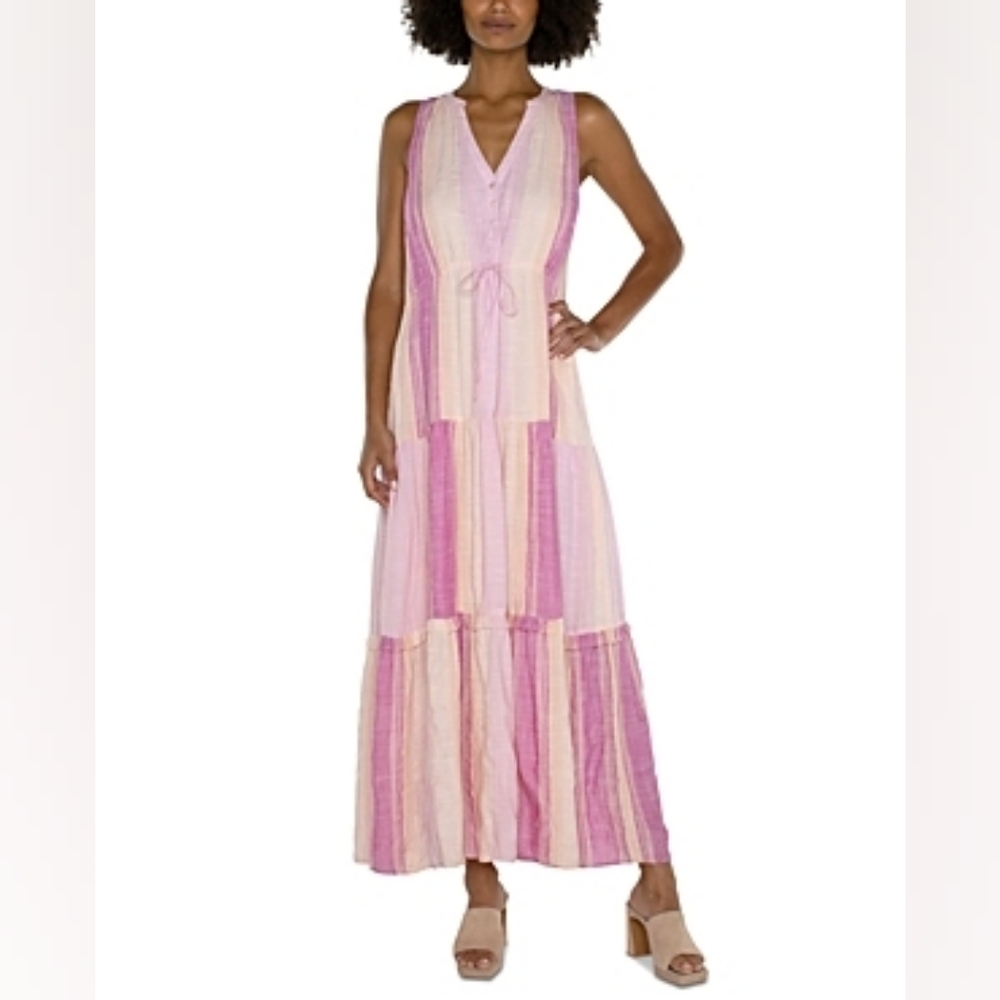 Liverpool Los Angeles Lavender Multi Stripe Tiered Maxi Dress Sleeveless Women’s - Picture 2 of 6